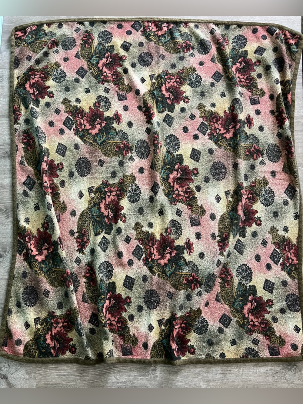 Indigo Floral Wool Throw Blanket in Pink, Green, Black